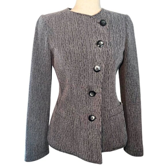 ARMANI COLLEZIONI Wool Herringbone Blazer Jacket Asymmetrical Buttons Size 4 - Picture 2 of 16